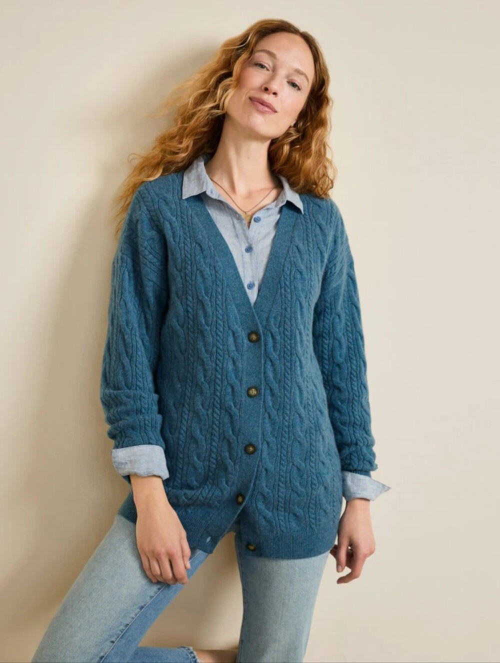Garnet Hill Blue Cabled Boyfriend Cashmere Cardigan Suze Small